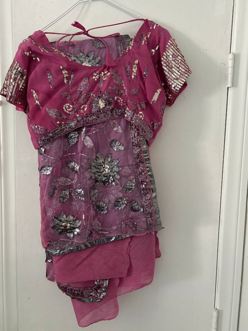 Pink and Silver Sequin Crepe Indian Sari with Stitched Blouse
